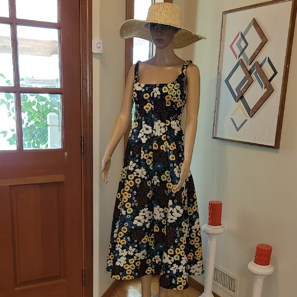 Maeve Antropologies Floral Square-Neck Sundress in Black and Yellow
